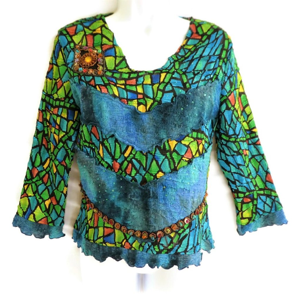 BeaDeD Vintage 90s Alberti Makali Blouse Stained Glass Mosaic Stretchy Crinkle M